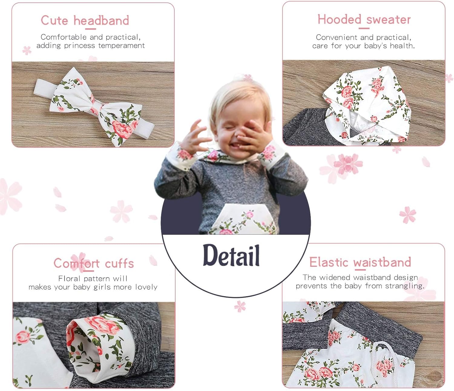 Perfect for Baby Girls Cute Floral Hoodie Pants Set with Headband