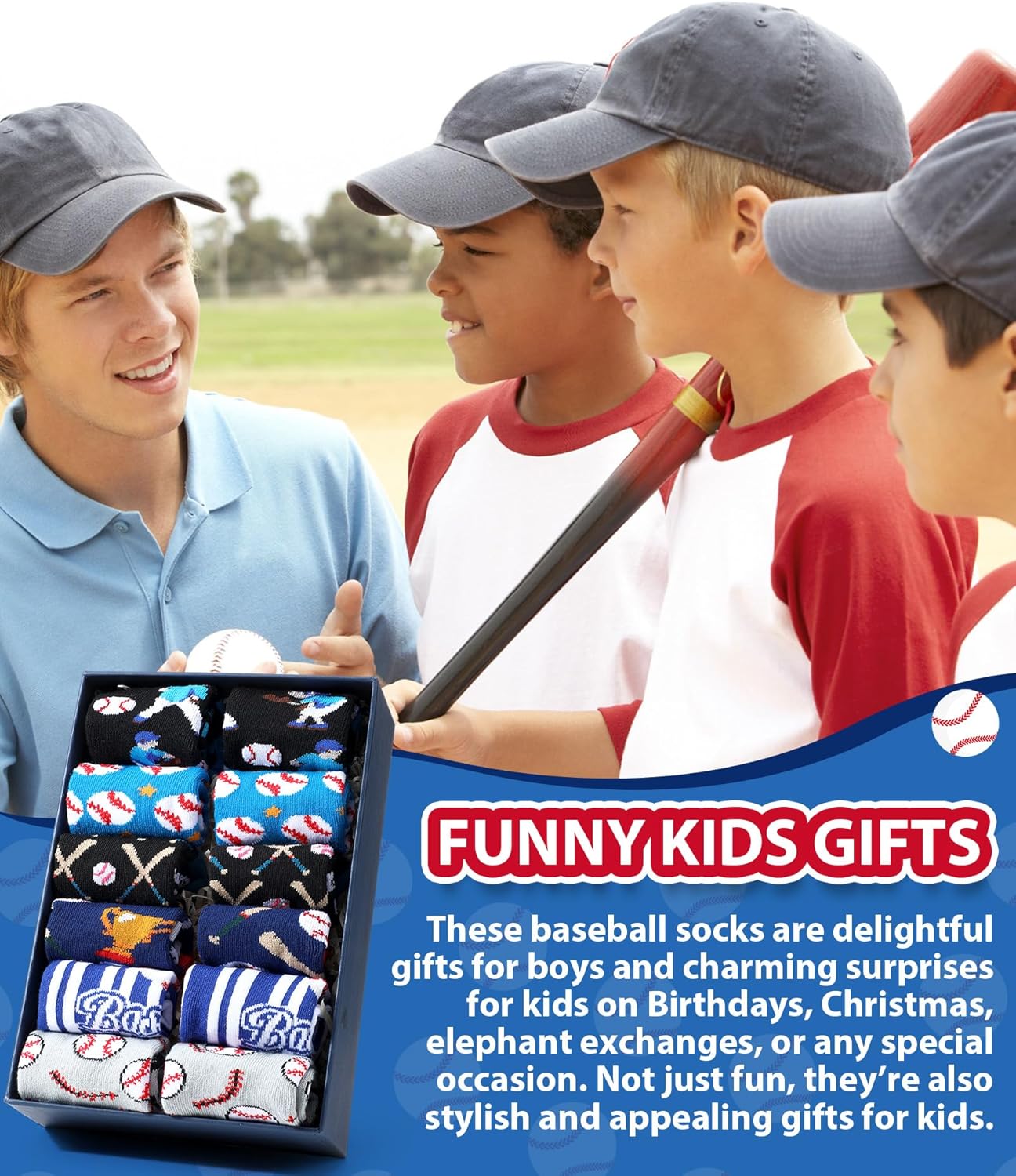 Haysandy 6-Pair Novelty Kids Baseball Socks Ages 8-12