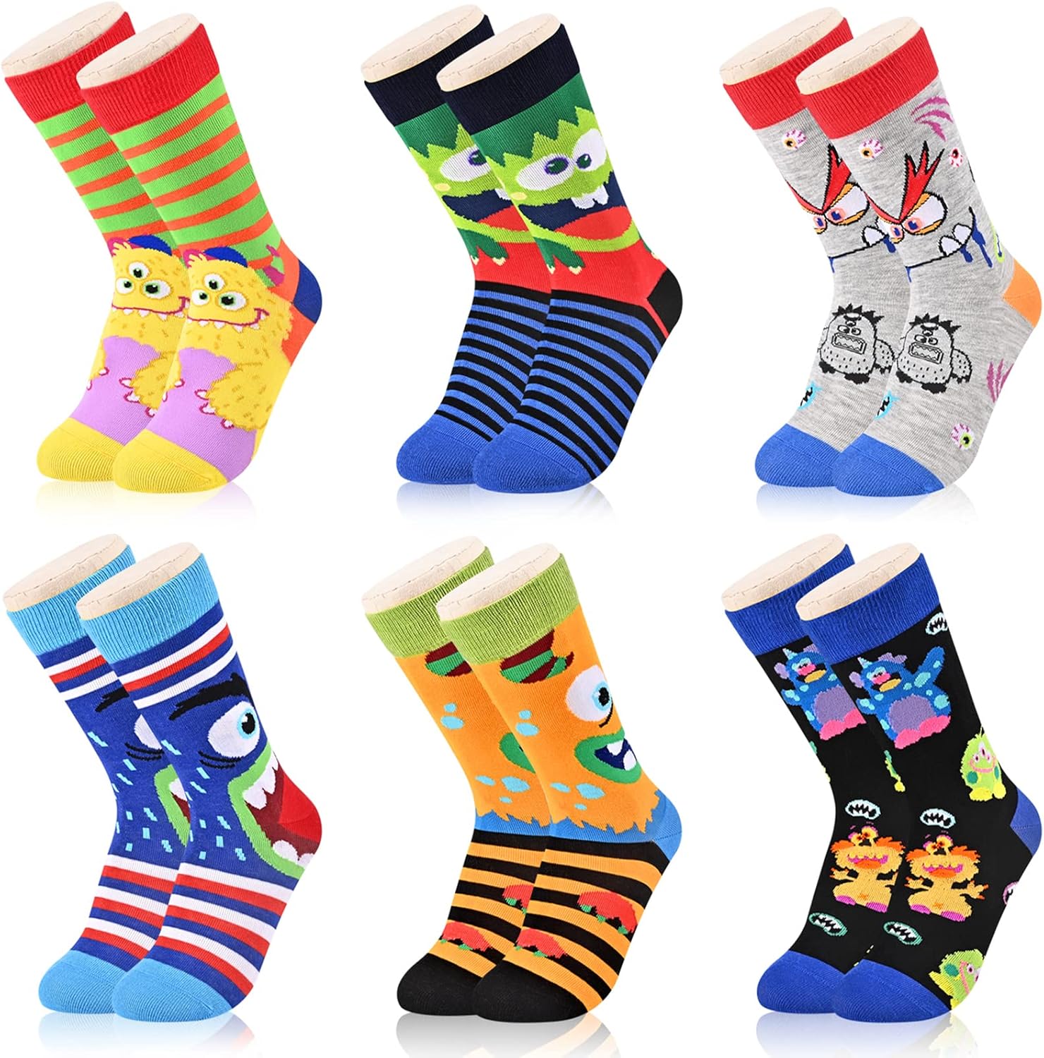 Funny Monster Crew Socks 6 Pair Gift Box for Kids Teens