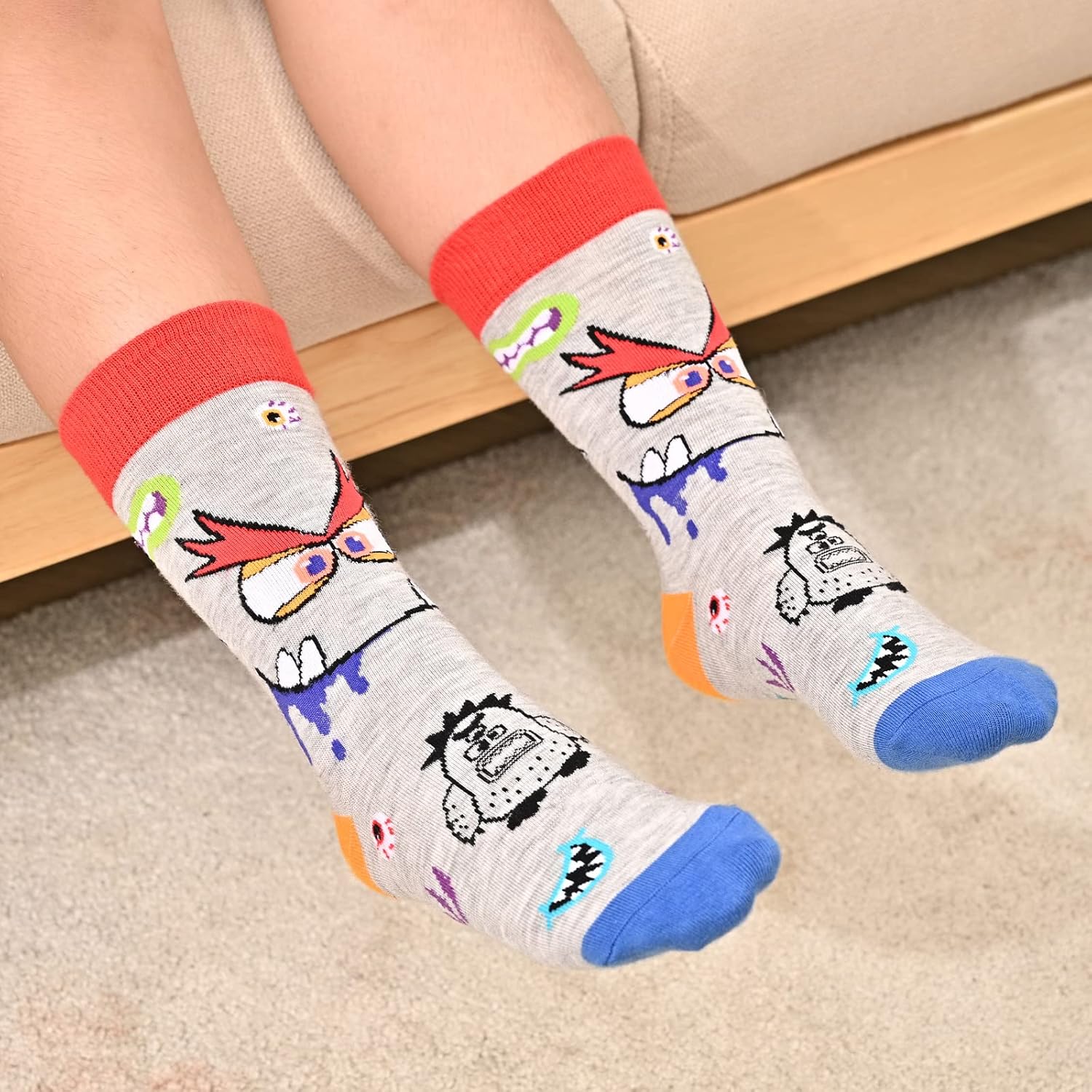 Funny Monster Crew Socks 6 Pair Gift Box for Kids Teens