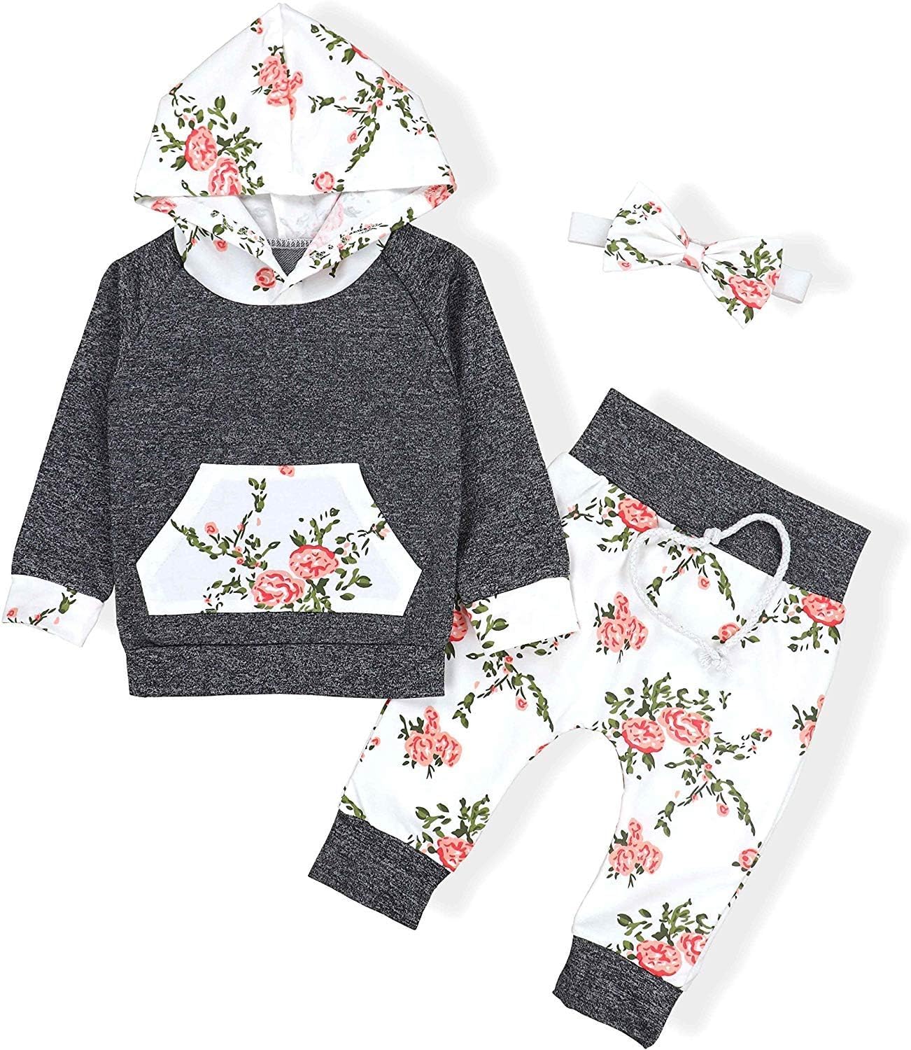 Perfect for Baby Girls Cute Floral Hoodie Pants Set with Headband