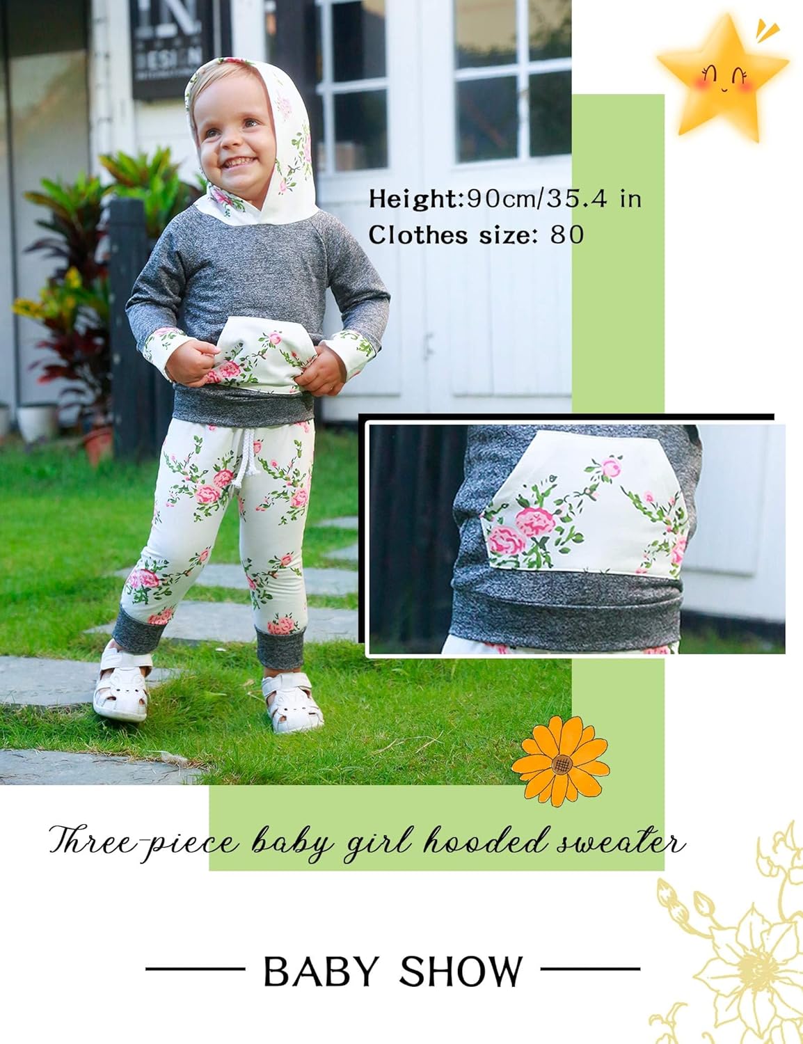 Perfect for Baby Girls Cute Floral Hoodie Pants Set with Headband