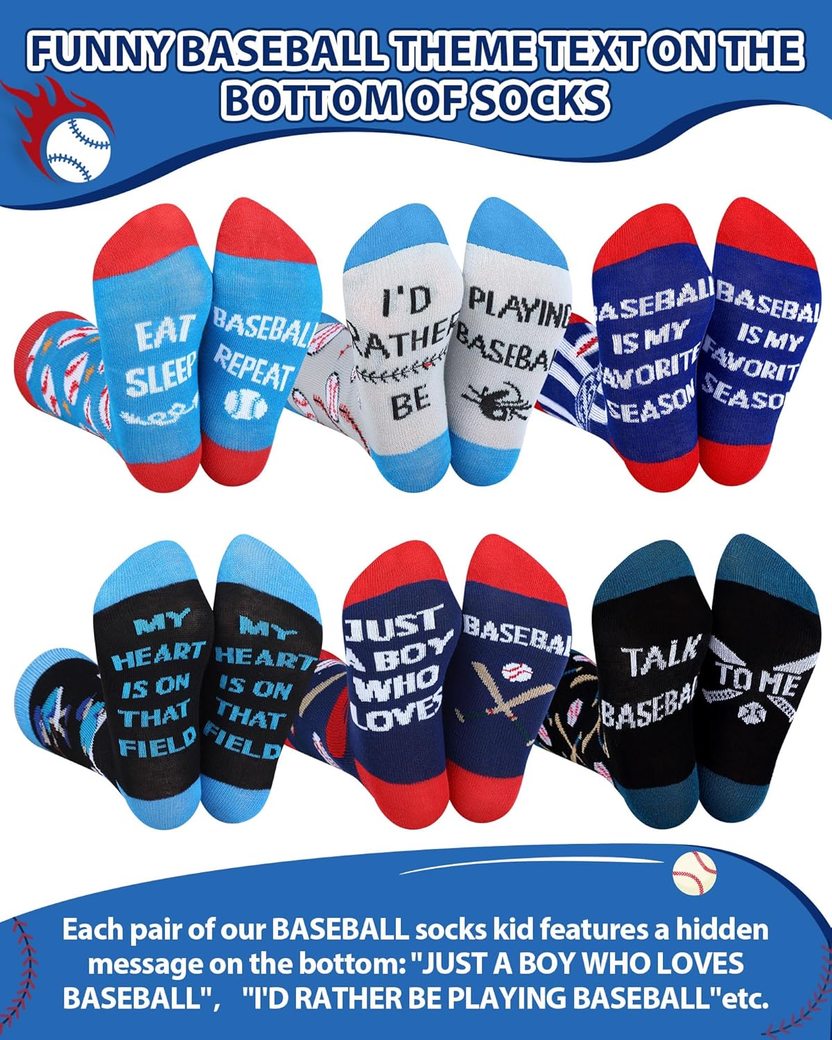 Haysandy 6-Pair Novelty Kids Baseball Socks Ages 8-12