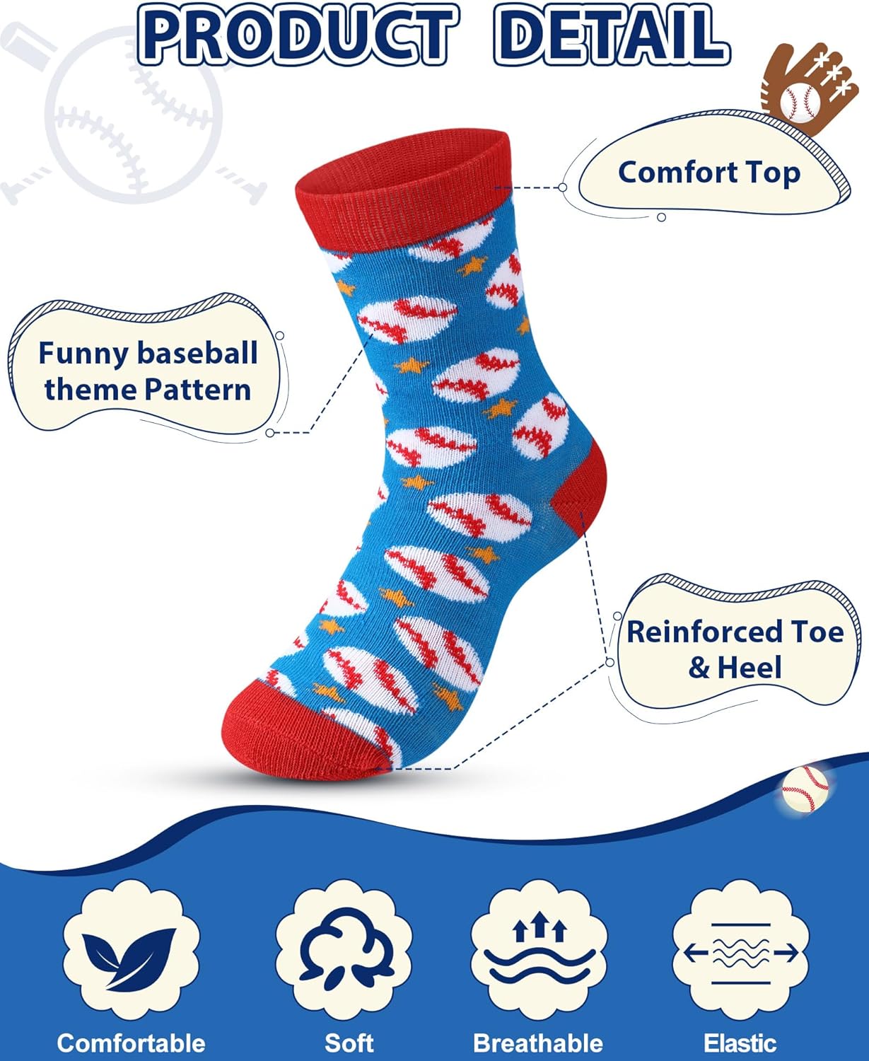 Haysandy 6-Pair Novelty Kids Baseball Socks Ages 8-12