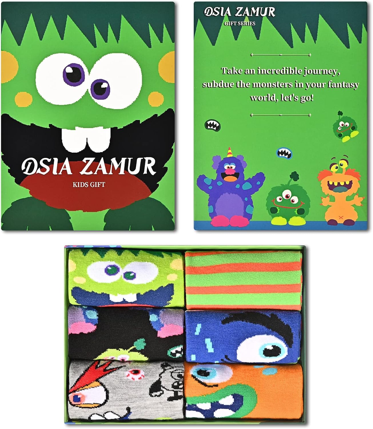 Funny Monster Crew Socks 6 Pair Gift Box for Kids Teens