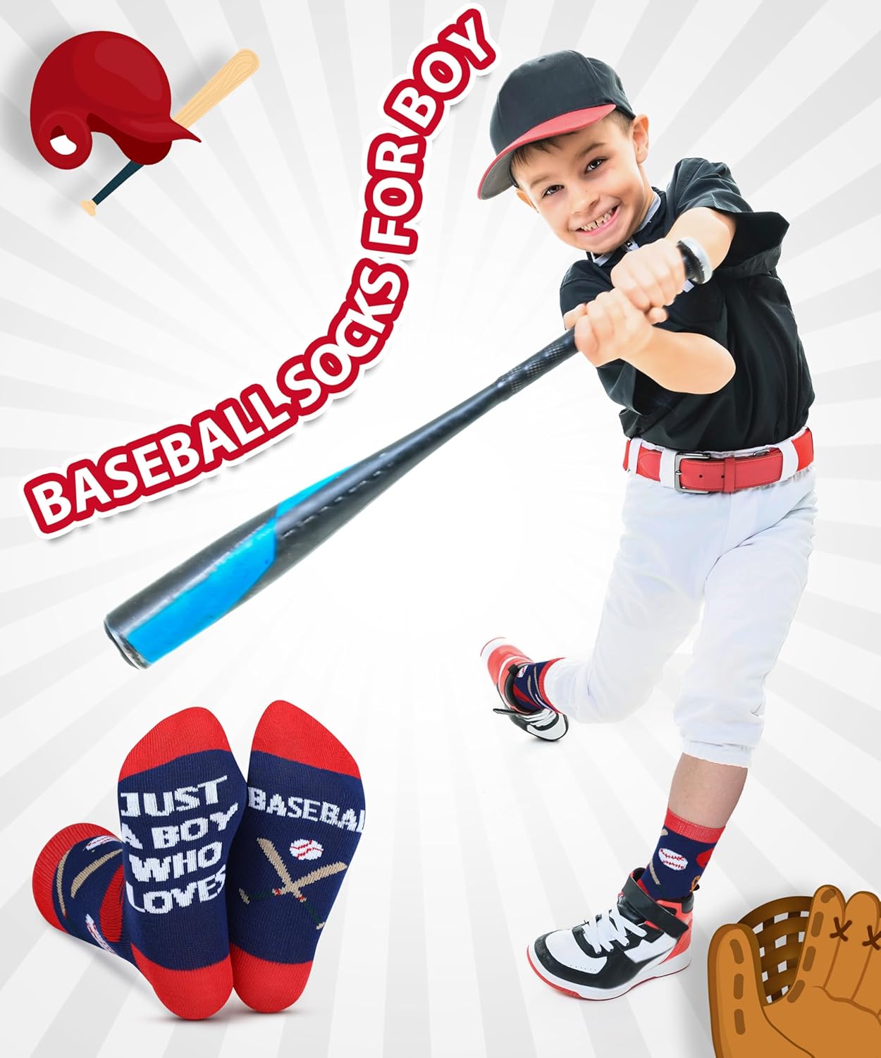 Haysandy 6-Pair Novelty Kids Baseball Socks Ages 8-12