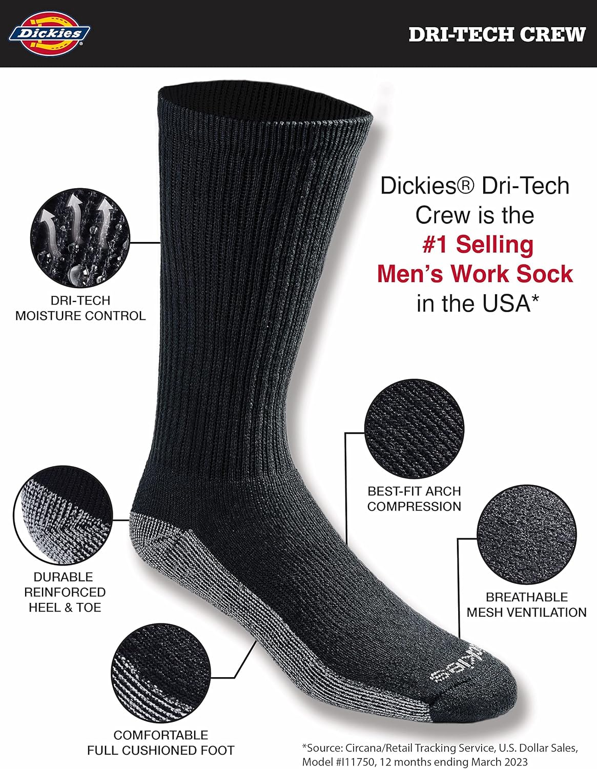 Dickies Mens Dri-Tech Original Moisture Control Socks
