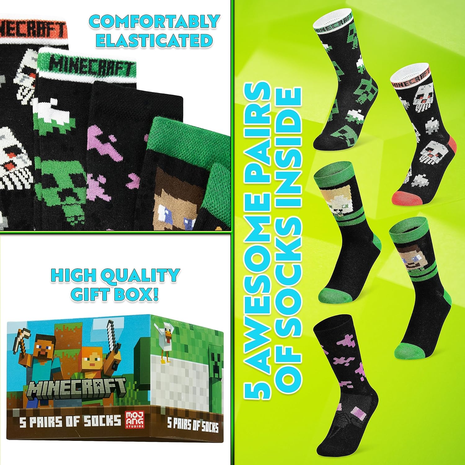 Minecraft Boys Crew Socks - Stretchy Comfort for Gaming