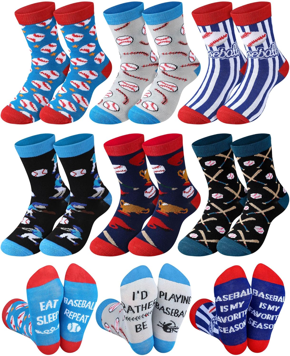 Haysandy 6-Pair Novelty Kids Baseball Socks Ages 8-12