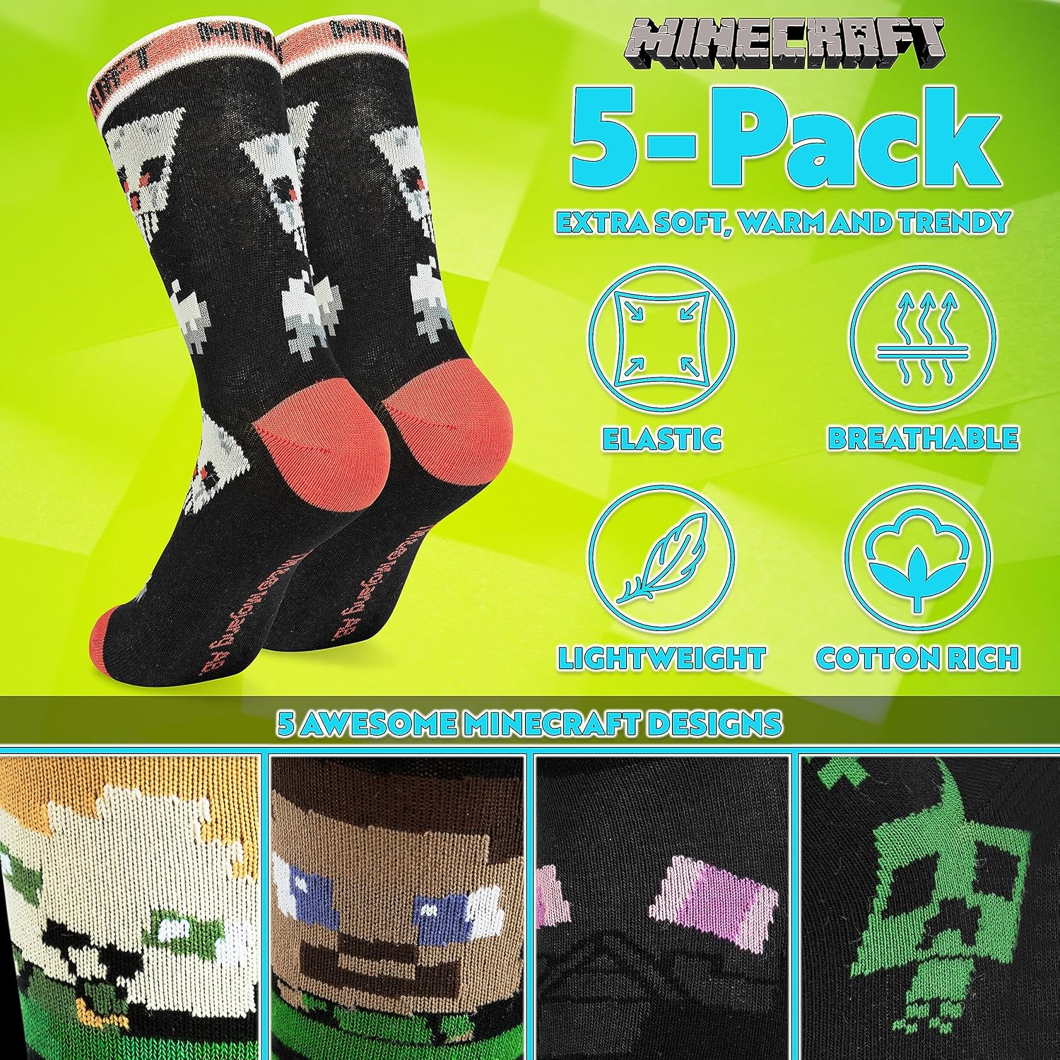 Minecraft Boys Crew Socks - Stretchy Comfort for Gaming