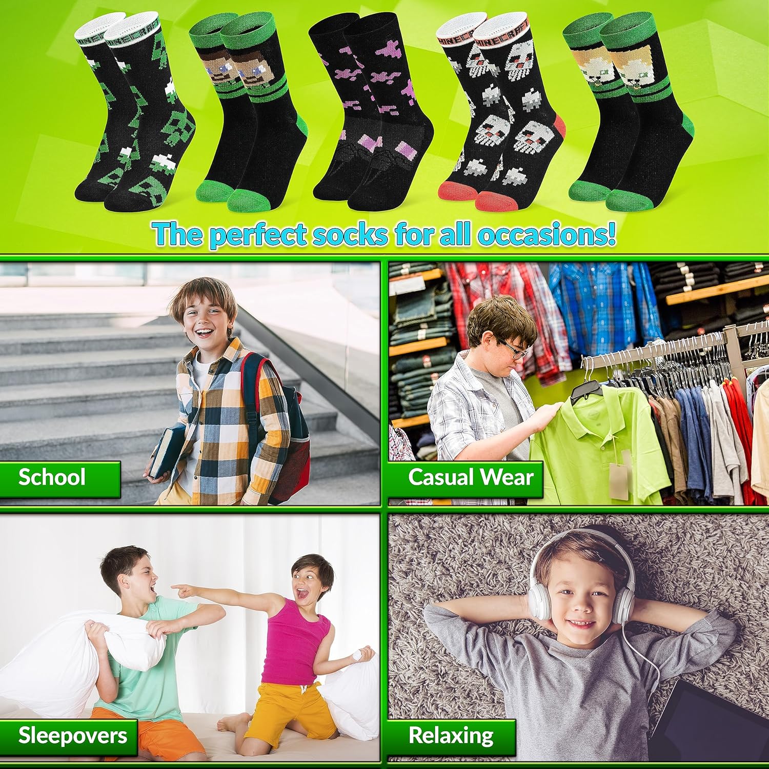 Minecraft Boys Crew Socks - Stretchy Comfort for Gaming